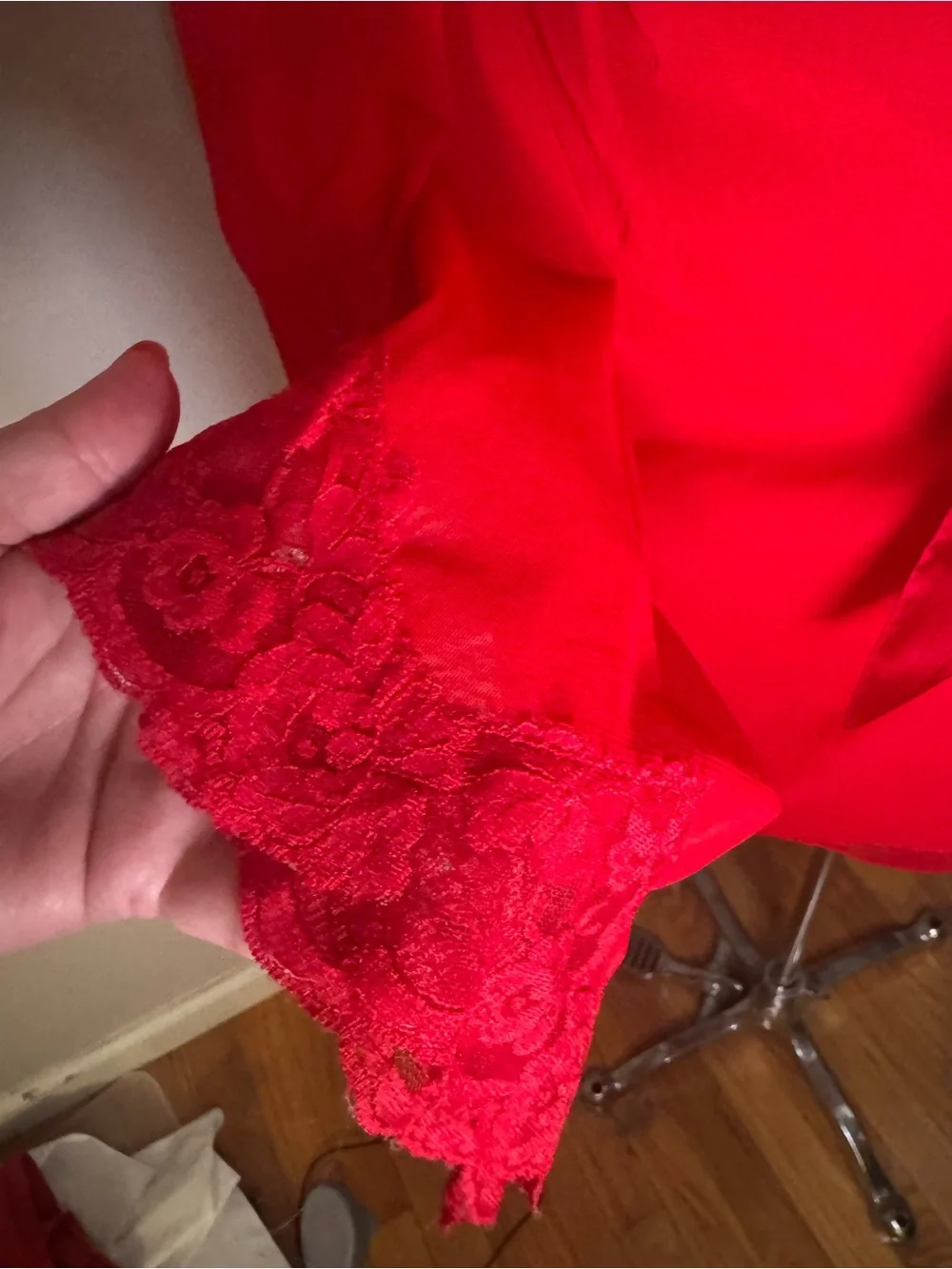 Frederick’s of Hollywood Red Sheer Wrap Robe with Satin Tie with lace sleeves.